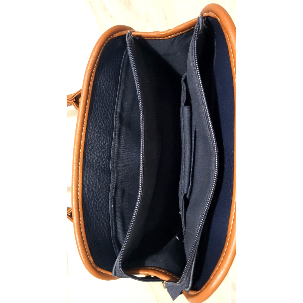 Kathie Lee Navy Brown Handbag Pebbled Faux Leather 3 Sections Mirror 11x8x4" - Picture 6 of 9
